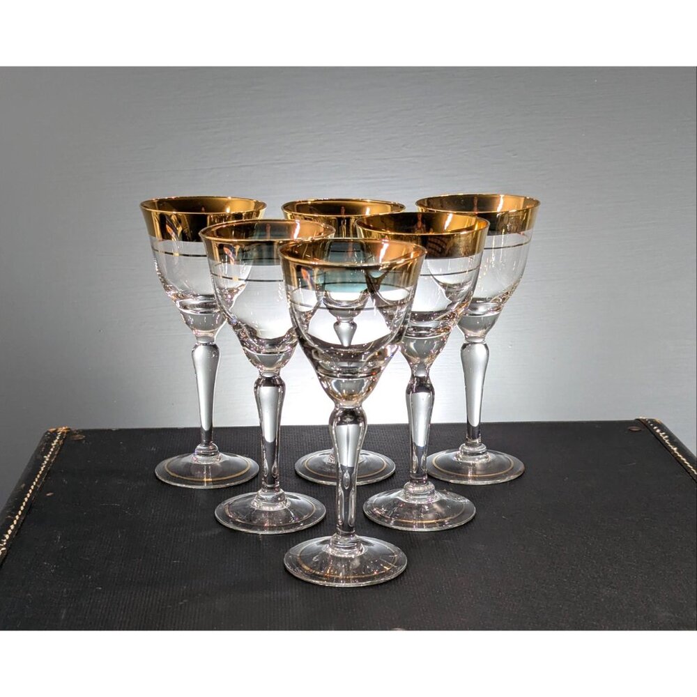 Dorothy Thorpe Golden Band 6 wine glasses, 22K Gold Rim Midcentury modern DTC30